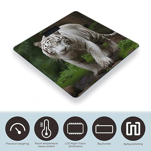 Majestic White Bengal TigerScale for Body Weight with LCD High Precision Weighing Scales Fashion Sturdy Tempered Glass Weight Scales Easy-to-Read Digital Bathroom Scale for Daily 400lb