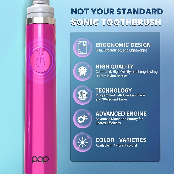 Pop Sonic Ultimate Pro Toothbrush (Pink) | Rechargeable Battery w/Up to 40000 Brush Strokes/Minute -Long-Lasting Dupont Nylon Bristles - for Teens &amp Adults w/Quadrant Pacer &amp Timer