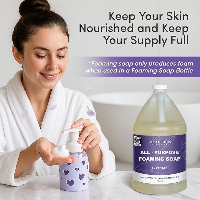 SoCal Suds &amp Company Organic Foaming Hand &amp Body Wash – Moisturizing Natural Baby Face &amp Sensitive Skin Wash Lavender 128oz + 8oz Sea Glass Foaming Glass Bottle w/Heart Silicone Sleeve