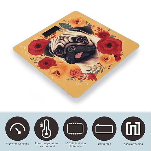 Pug Flower Bathroom Scale for Body Weight Bathroom Weighing Scale with Backlit LCD Display Highly Accurate Measures Weight Up to 180kg