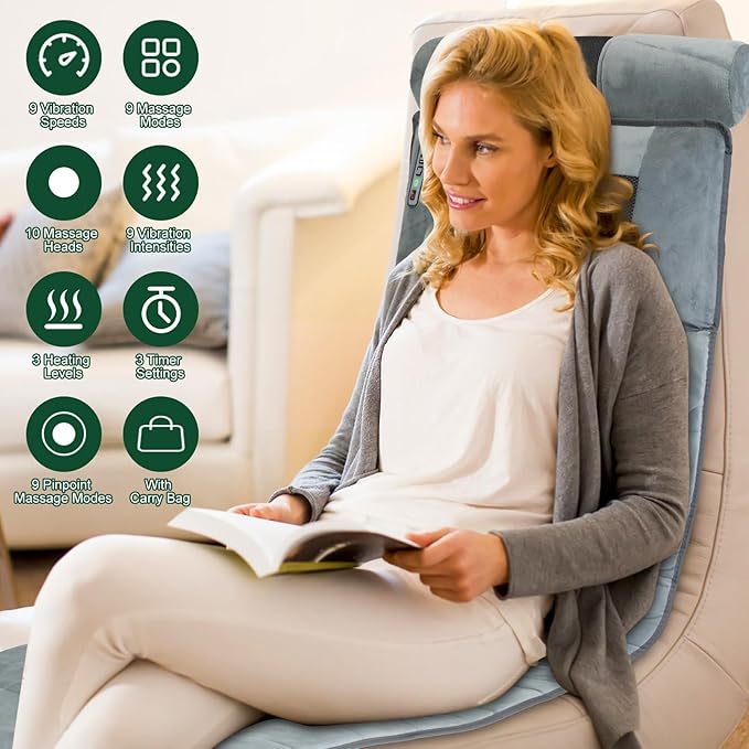 Full Body Massage Mat with Heat 10 Motors Vibration Massage Chair Pad with 3 Timer Settings Multifunctional Full Body Relaxation Seat Back Massager for Indoor Bed Sofa Chair