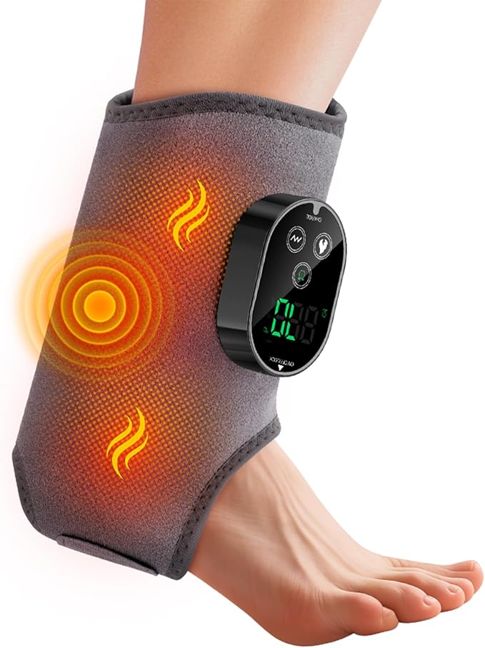 Cordless Ankle Massager with Heat and Vibration – 3 Vibration Levels 6 Heat Settings Rechargeable Auto Shut-Off Portable Foot Massager for Home Office Travel (Grey)