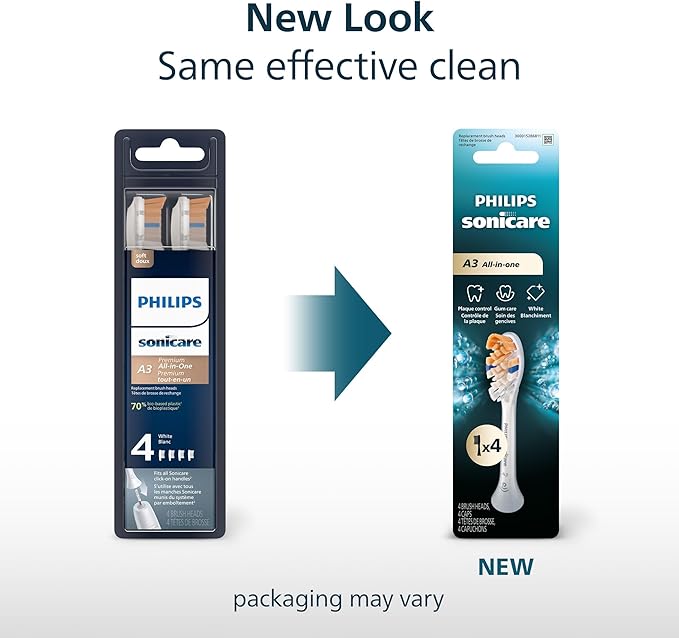 Philips Sonicare A3 All-in-One - Genuine Replacement Electric Toothbrush Heads White 4 Pack One Year Supply HX9094/65
