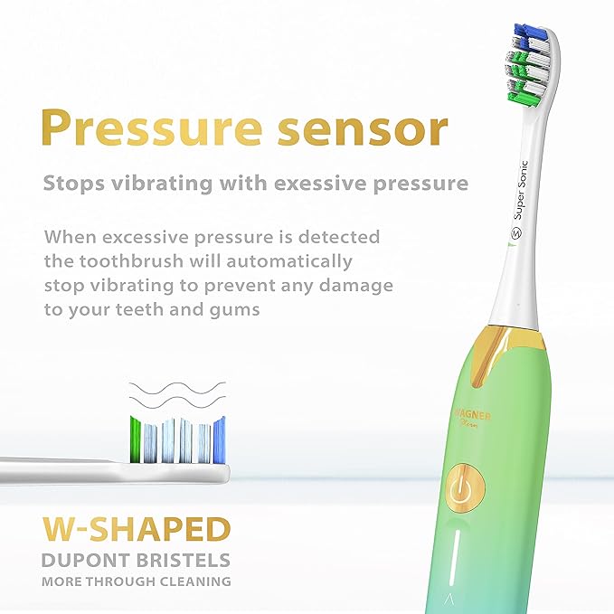 Wagner Stern Ultrasonic whitening Toothbrush with Pressure Sensor. 5 Brushing Modes and 4 Levels of Intensity 8 Soft bristles Travel case.