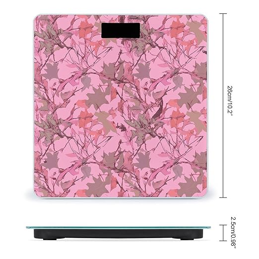Pink Leaves Camo Bathroom Scale Automatic Power On/Off Body Scales LCD Backlight Display Square Digital Scale Rounded Corners Bathroom Scales for Home Bedrooms