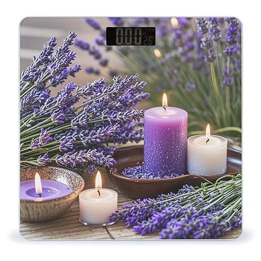 Purple Lavender with Candles Bathroom Scale for Body Weight Bathroom Weighing Scales with Back Lit LED Display Sturdy Tempered Glass Body Weight Bathroom Scale 400lb Weighing