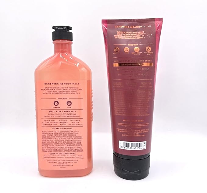 Bath and Body Aromatherapy Renewing Meadow Walk Rose Magnolia Body Wash and Body Cream Set 10 fl oz and 8 oz