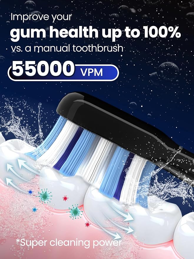 Electric Toothbrush for Adults 180 Days Battery Life Rechargeable Sonic Toothbrush with 4 Brush Heads Smart Timer 55000VPM for Deep Cleaning &amp Whitening with 5 Modes Travel Case Black