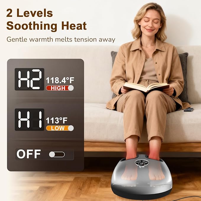 Shiatsu Foot Massager Machine with Heat : Deep Kneading Foot Massager with Vibration &amp Compression for Plantar Fasciitis &amp Neuropathy - for Women &amp MenRelax for Home Office Use (Silver)