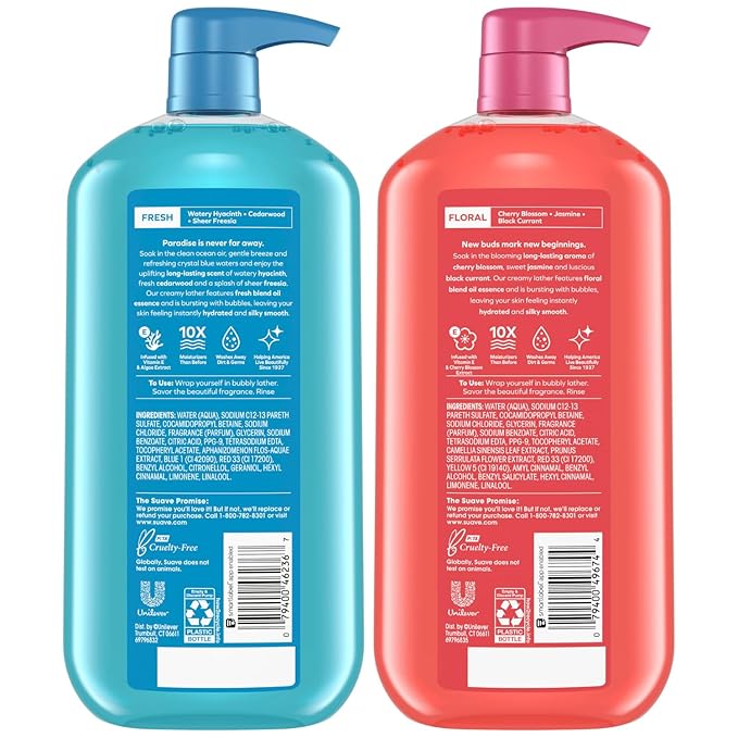 Suave Body Wash Variety Bundle – Ocean Breeze 2-Pack &amp Wild Cherry Blossom Gentle &amp Moisturizing Body Washes with Vitamin E 30 Oz Ea (3 Piece Set)