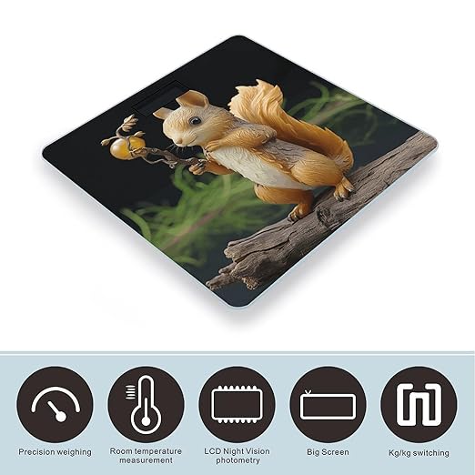 Resin Squirrel Scale for Body Weight Anti-Slip Tempered Glass Digital Bathroom Scales Clear LCD Display Weighing Scale Safe Rounded Corners Smart Scales