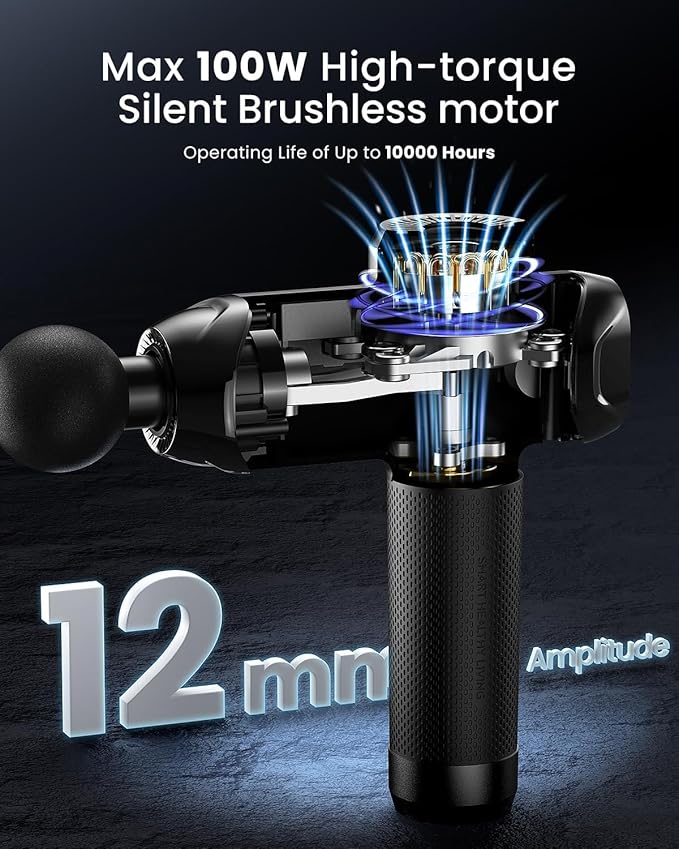 RENPHO Power+ Thermacool Deluxe Massage Gun with Heat and Cold 12mm Amplitude Deep Tissue Percussion Massager with Charging Stand App Controlled Guided Course 6 Speeds 6 Attachments Carry Case