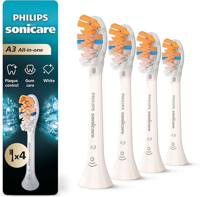 Philips Sonicare A3 All-in-One - Genuine Replacement Electric Toothbrush Heads White 4 Pack One Year Supply HX9094/65