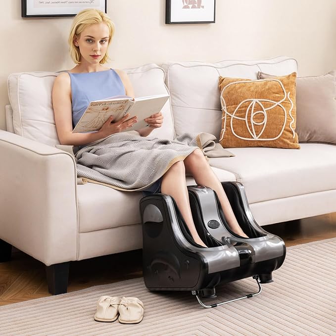 RELAX4LIFE Foot and Calf Massager Shiatsu Foot Massager Machine w/Heating Kneading Vibration Rolling Adjustable Speed &amp Tilt Base Leg Massager for Pain Relief (Grey)