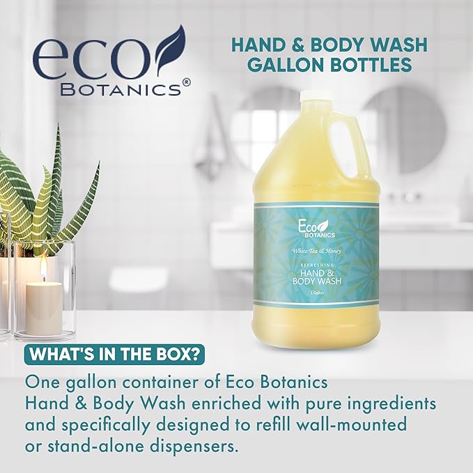 Terra Pure 1-Shoppe Eco Botanics Natural Hand and Body Wash with Raw Honey &amp White Tea | Gallon Jug Bulk Toiletries for Airbnb Vacation Rentals and Home Bathroom | Refill For Soap Dispensers