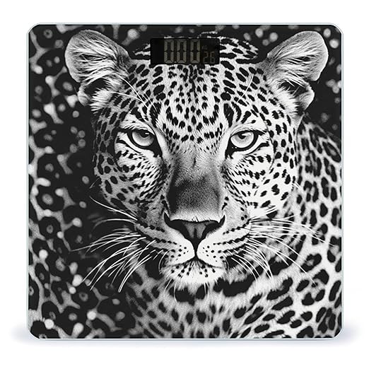 Black and White Leopard Face Bathroom Scale for Body Weight LCD Display Digital Bathroom Scale Tempered Glass Bathroom Weight Scales Fashion Smart Scales for Home Bedroom 400 Lb