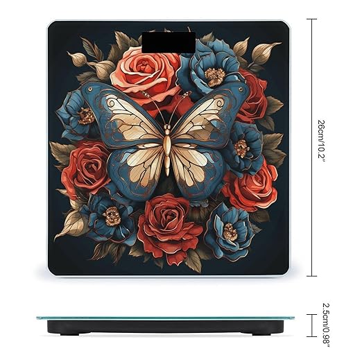 Butterflies and Roses Digital Bathroom Scale for Body Weight Weighing Scale with Backlit LCD Display High Precision Measurements &amp Measures Weight Up to 180kg