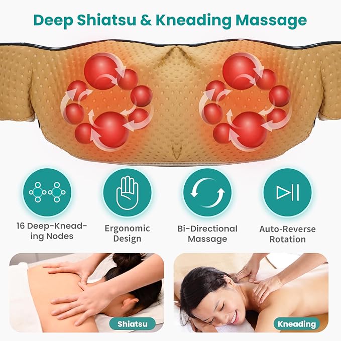Nekteck Shiatsu Neck Massager with Heat for Pain Relief Deep Tissue 2026 Upgraded 3D Back Shoulder Kneading Massage Pillow Body Muscle Relaxation Tools Gifts for Him Her Beige (NOT Cordless)
