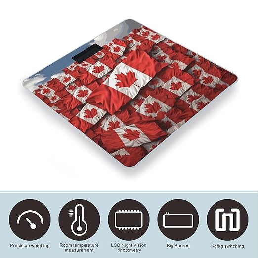 Canadian Flag Bathroom Scale for Body Weight Bathroom Digital Electronic Weighing Scale with Back Lit LED Display Sturdy Tempered Glass Weight Watchers Scales 400lb
