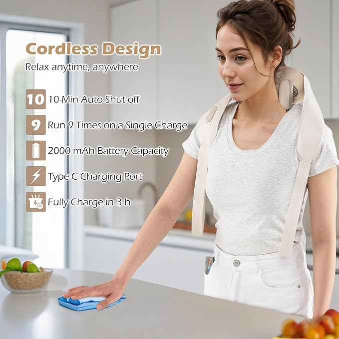 COSTWAY Neck Shoulder Massager 4D Deep Tissue Kneading Shiatsu Machine with 2 Heat Levels for Pain Relief Portable Cordless Neck Back Leg Massage Pillow Gift for Family Women Men Beige