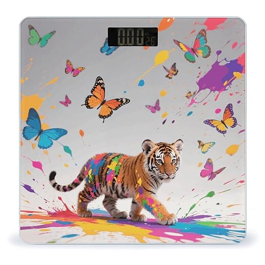 Tiger with Butterflies Weight Scale Cute Bathroom Scale for Body Highly Accurate Digital Weighing Machine for People Compact LCD Display Scales with Sturdy Toughened Glass Scales