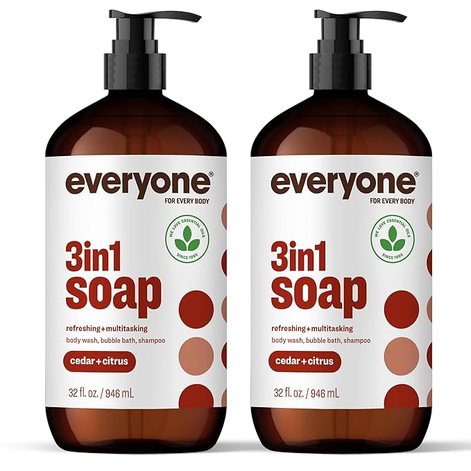 Everyone 3-in-1 Soap Body Wash Bubble Bath Shampoo 32 Ounce (Pack of 2) Cedar and Citrus made with Essential Oils for Men and Women