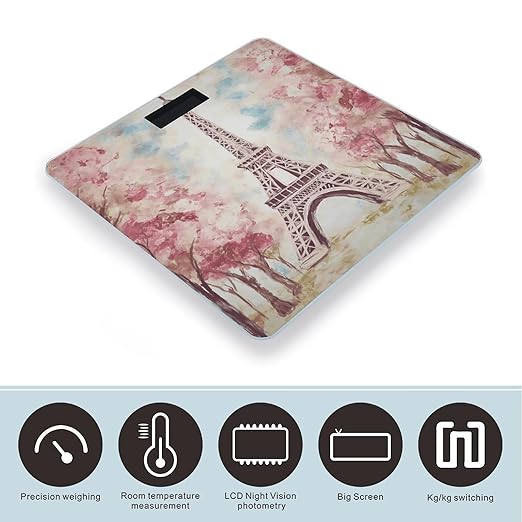 Beautiful Eiffel Tower Paris Digital Bathroom Scale for Body Weight Weighing Scale with Backlit LCD Display High Precision Measurements &amp Measures Weight Up to 180kg