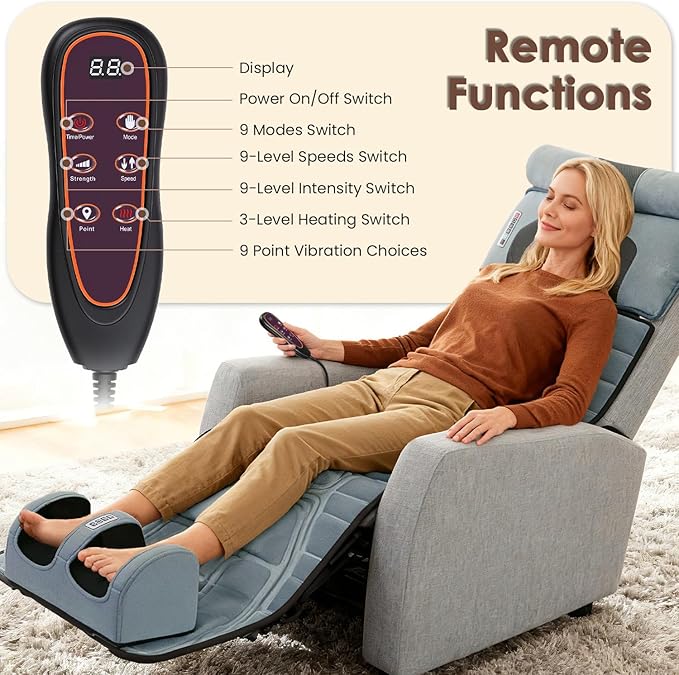 KOCASO Flannel Full Body Massage Mat Multifunctional Massage Chair Pad with Heat Timer Shiatsu Neck Foot Massager Lumbar Pillow Carry Bag Earplugs Anti-Slip Bottom for Reclining Chair