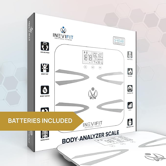 INEVIFIT Body-Analyzer Scale Highly Accurate Digital Bathroom Body Composition Analyzer Measures Weight Body Fat Water Muscle BMI Visceral Levels &amp Bone Mass for 10 Users. Includes Batterie
