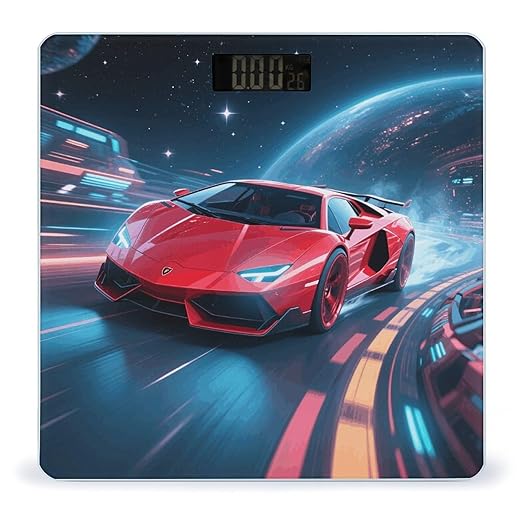 Sports Car in Space Weight Scale Cute Bathroom Scale for Body Highly Accurate Digital Weighing Machine for People Compact LCD Display Scales with Sturdy Toughened Glass Scales