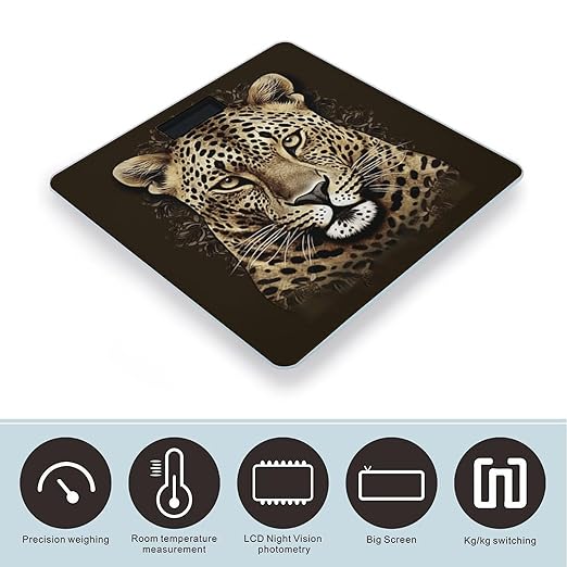 Patterned Leopard Head Scale for Body Weight Anti-Slip Tempered Glass Digital Bathroom Scales Clear LCD Display Weighing Scale Safe Rounded Corners Smart Scales