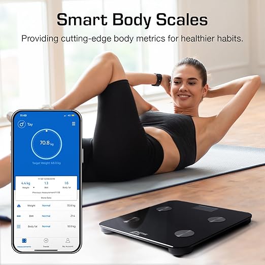 Active Era Digital Bathroom Bluetooth Scales Weight and Body Fat - Fit Track Scale Calculates BMI Body Fat Percentage Muscle Mass - Apple Health Google Fit &amp Fitbit Compatibility (Black)