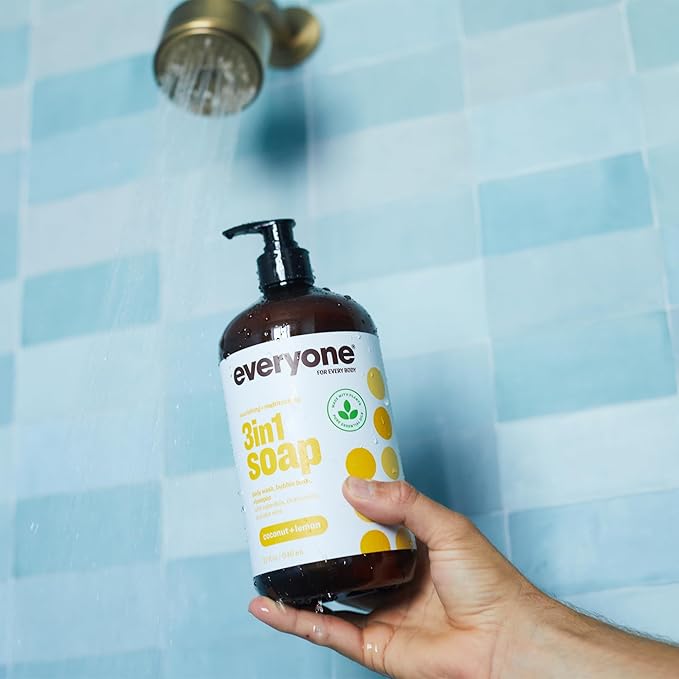 Everyone 3-in-1 Soap Body Wash Bubble Bath Shampoo 32 Ounce (Pack of 2) Coconut and Lemon Coconut Cleanser with Plant Extracts and Pure Essential Oils &amp Mighty Conditioner 12 OZ