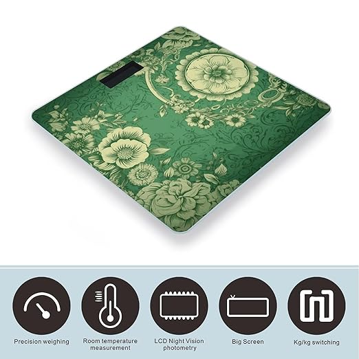 Green Vintage Floral Scale for Body Weight Anti-Slip Sturdy Tempered Glass Weighing Machine Highly Digital Accurate Bright LCD Bathroom Scale for Household Gift