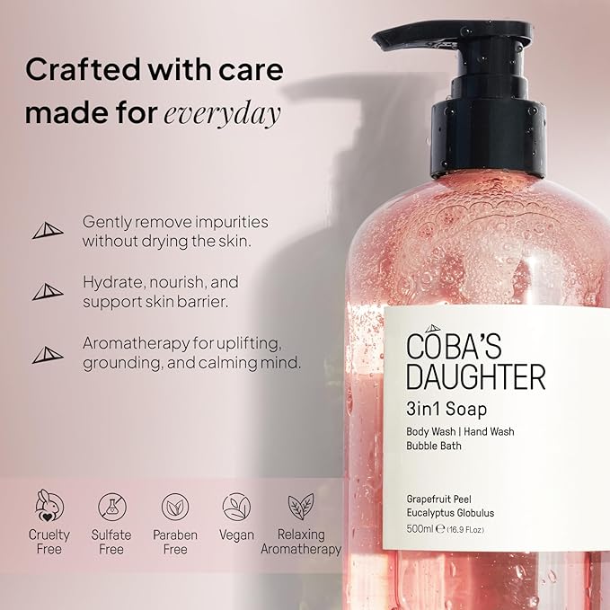 COBA'S DAUGHTER 3in1 Soap | Bubble Bath Body Wash &amp Hand Wash | Aromatherapy-Infused with Grapefruit Peel &amp Eucalyptus Globulus | Inulin &amp Seaweed Extract to Hydrate &amp Soften Skin (16