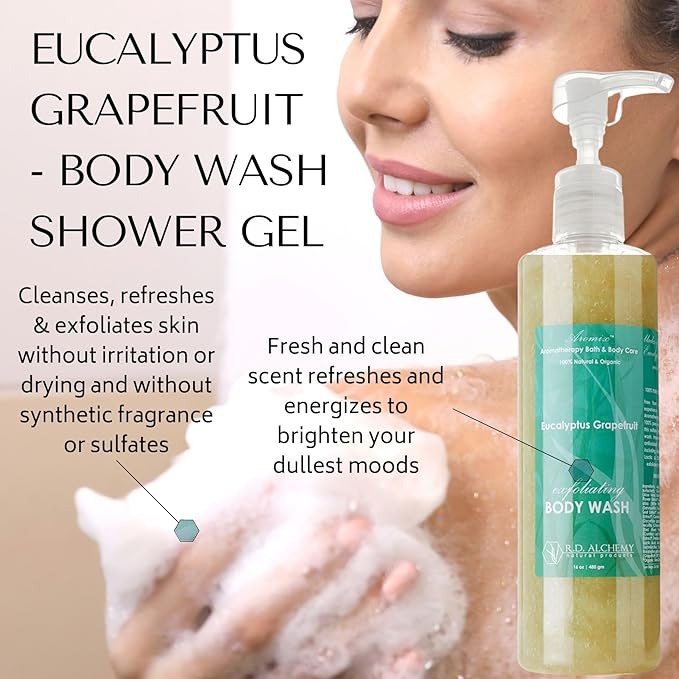 RD Alchemy - 98% Natural &amp Organic Eucalyptus Grapefruit Body Wash Shower Gel - Fresh and Clean Scent to Refresh and Energize while Cleansing Exfoliating and Renewing
