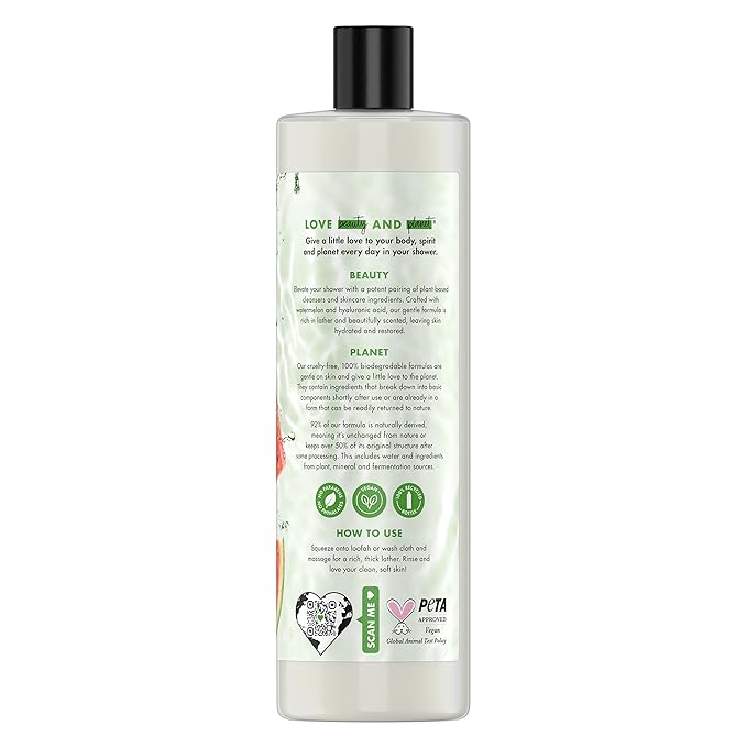 Love Beauty and Planet Plant-Based Body Wash Hydrate and Restore Skin Watermelon and Hyaluronic Acid Made with Plant-Based Cleansers and Skin Care Ingredients 100% Biodegradable 20 fl oz