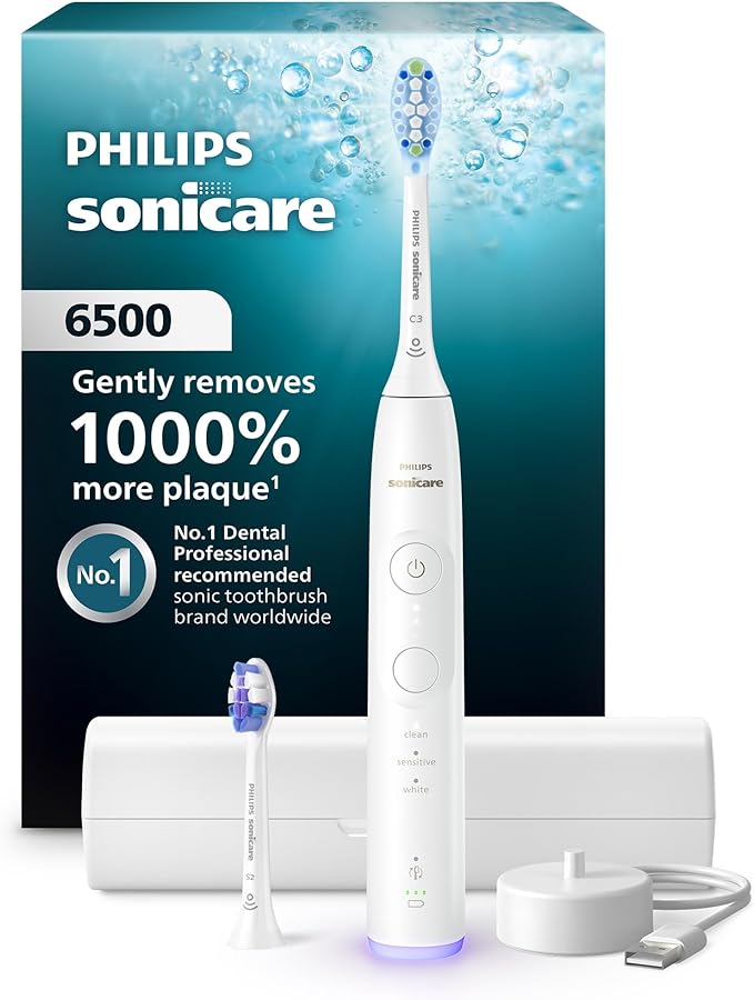 Philips Sonicare 6500 Series Electric Toothbrush - Next-Generation Sonicare Technology Pressure Sensor 9 Brushing Settings SmarTimer BrushPacer 21-Day Runtime Travel Case White HX7410/10