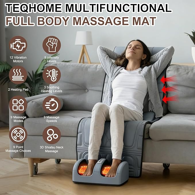 Full Body Massage Mat with Heat &amp Movable Shiatsu Neck Back Massager Pillow &amp Foot Massager Massage Mattress Pad with Top Pillow &amp Lumbar Support 12 Vibration Motors9 Massage Modes &amp