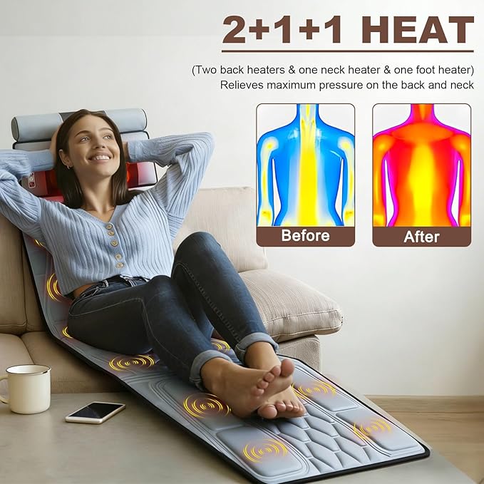 Full Body Massage Mat with Heat &amp Movable Shiatsu Neck Back Massager Pillow &amp Foot Massager Massage Mattress Pad with Top Pillow &amp Lumbar Support 12 Vibration Motors9 Massage Modes &amp