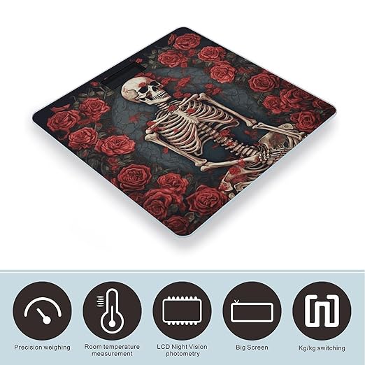 Skeleton with Roses Scale with LCD Easy-to-Read Anti-Slip Weight Digital Bathroom Scale Precision Weighing Scales Sturdy Tempered Glass Body Weight Scales for Daily Use