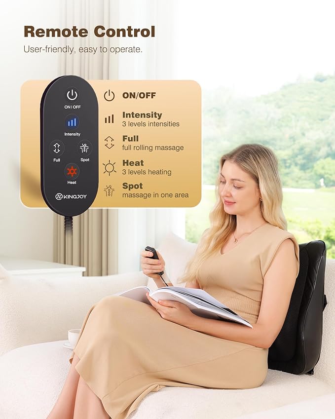KINGJOY Back Massager for Pain Relief Deep Tissue Full Back Massager with Heat 3D Kneading Massage Pillow with 3 Intensities for Back Neck Shoulder Spot Massage Gifts for Women Man
