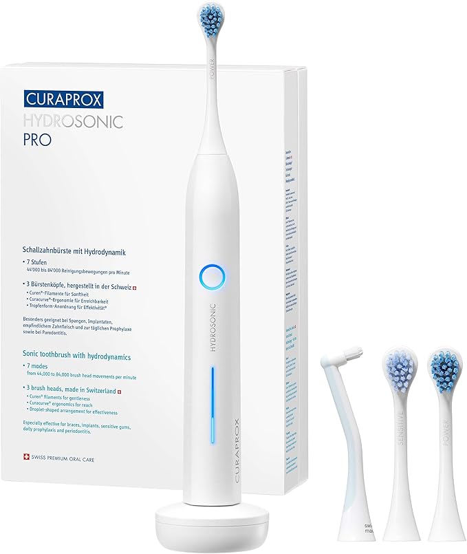 Curaprox Hydrosonic Pro Sonic Toothbrush – for Sensitive Teeth Implants and Braces | Professional Cleaning at Home | Set with Three Brush Heads