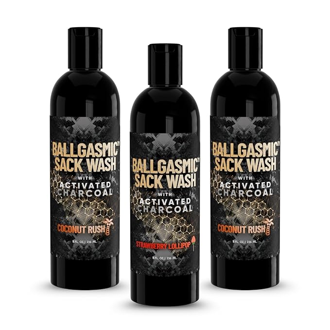 Derm Dude BallGasmic Ball Wash Bundle for Men – Coconut Rush (2 Pack) + Strawberry Fresh (1 Pack) | Anti-Chafing Charcoal Body Wash for Groin Hygiene &amp Odor Control – 3 x 8oz