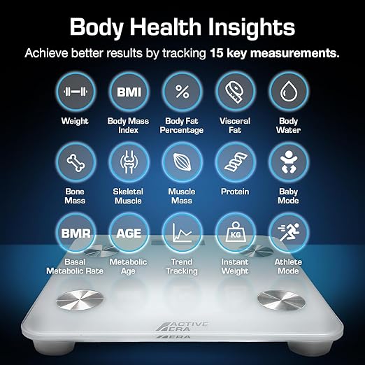 Active Era Digital Bathroom Bluetooth Scales Weight and Body Fat - Fit Track Scale Calculates BMI Body Fat Percentage Muscle Mass - Apple Health Google Fit &amp Fitbit Compatibility (White)