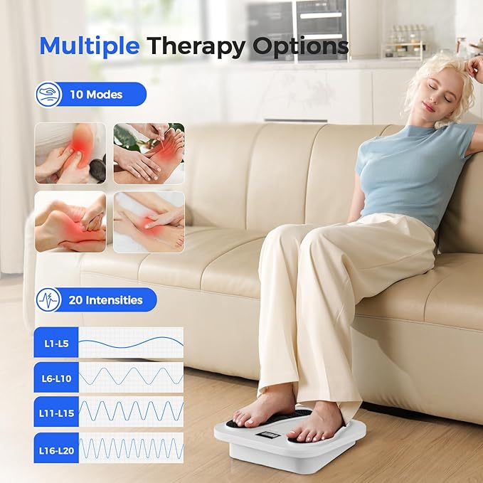 Foot Massager for Neuropathy Rechargeable TENS EMS Foot Stimulator with 10 Modes 20 Intensities Feet Circulation Stimulator for Neuropathy Plantar Fasciitis Gifts for Mom Dad