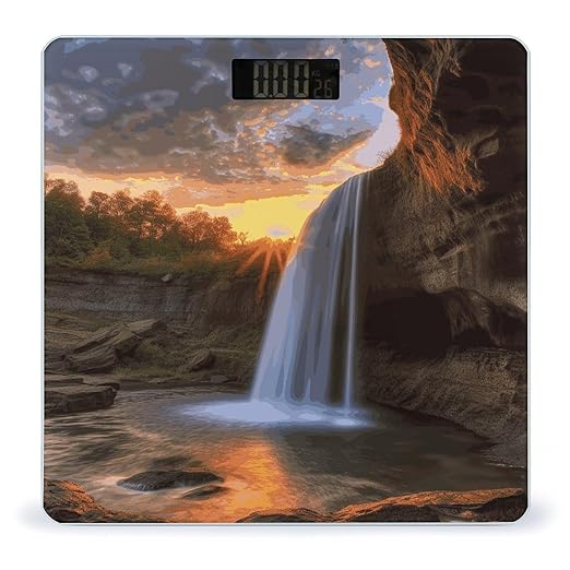 Waterfall at Sunset Digital Bathroom Scale for Body Weight with High Precision Digital Weighing Scale with BMI Clear LCD Display and Step-On Measures Weight Up to 180kg