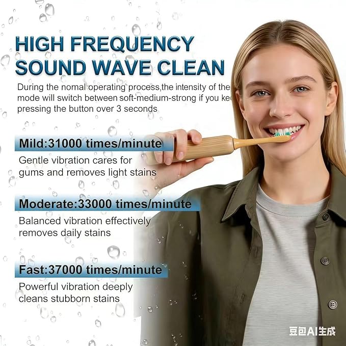 Oscillating Ultrasonic Electric Toothbrush with Bamboo Brush Heads (5 Pack) Sweeping &amp VibratingType-C Rechargeable IPX7 Waterproof 4 Modes for Optimal Oral Care - Perfect Holiday Gift