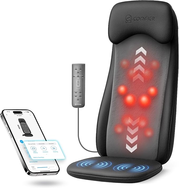 COMFIER Shiatsu Massage Cushion with Heat2D/3D Shiatu Back Massager with App ControlDeep Tissue Kneading Massage Chair Pad with VibrationBack Massager for ChairGifts for DadMom