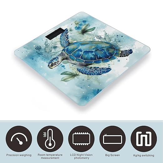 Sea Turtle-Blue Bathroom Scale for Body Weight 400 Lb Weight Scale with High Precision Sensors Tempered Glass Highly Accurate Digital Weighing Machine for People